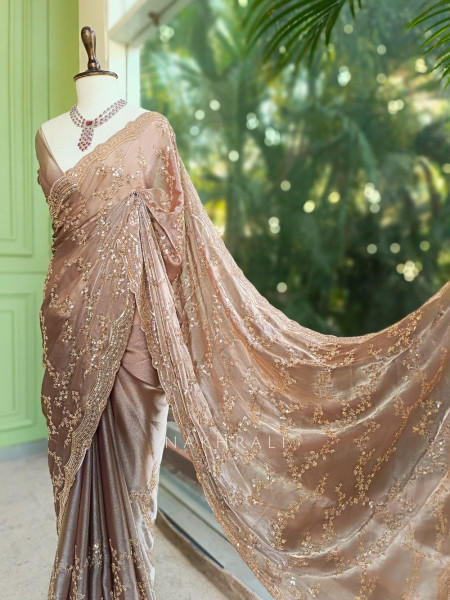 Rimsun Brown Sequin & Bead Embellished Saree