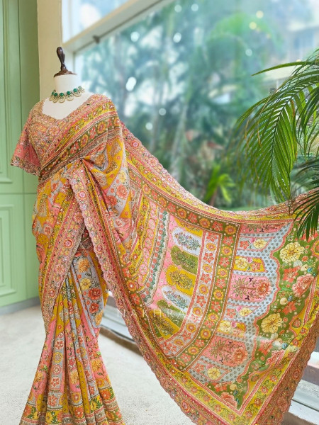 Basant Multicolor Printed Saree with Sequin Embroidery