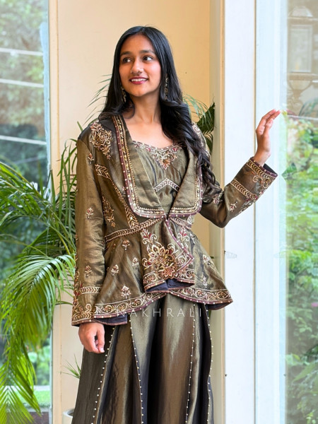 Enchanted Green Metallic Tissue Silk Indo-Western Palazzo Set