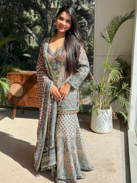 Aarini Beige Gharara Suit Set with Stone Work