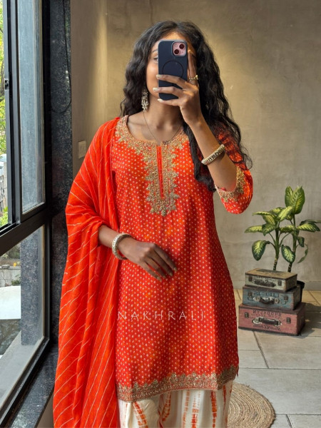 Rivkara Orange Bandhej Suit Set with Golden Embroidery and Bead Work