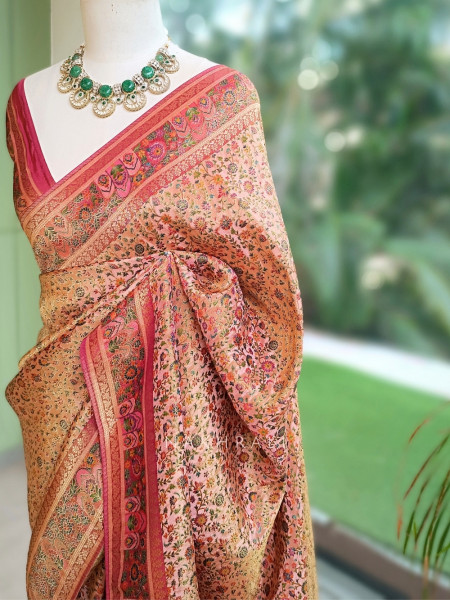 Gulnoor Pink Meenakari Jangla Banarasi Silk Saree