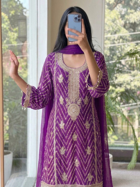 Bib-Style Purple Georgette Sharara Suit Set