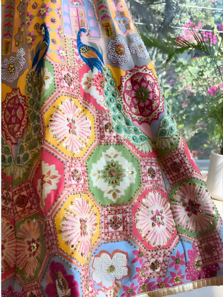 Jharokha Multicolor Lehenga with Mirror and Bead Work