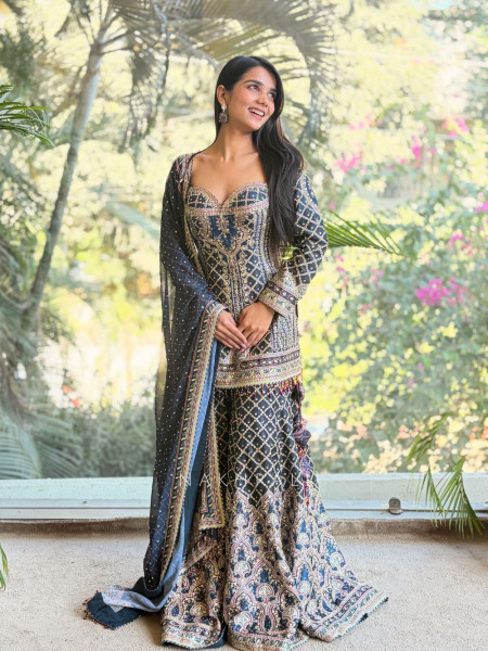 Kiyana Grey Tissue Kurta Palazzo Set with Banarasi Dupatta