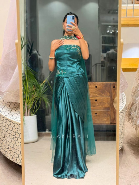 Zarina Green Satin Crop Top Skirt Set with Embroidered Detailing