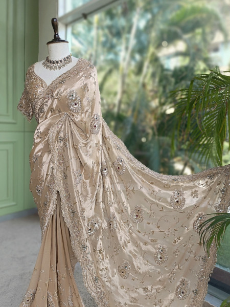 Celestine Beige Crushed Shimmer Silk Tissue & Silk Georgette Blend Saree