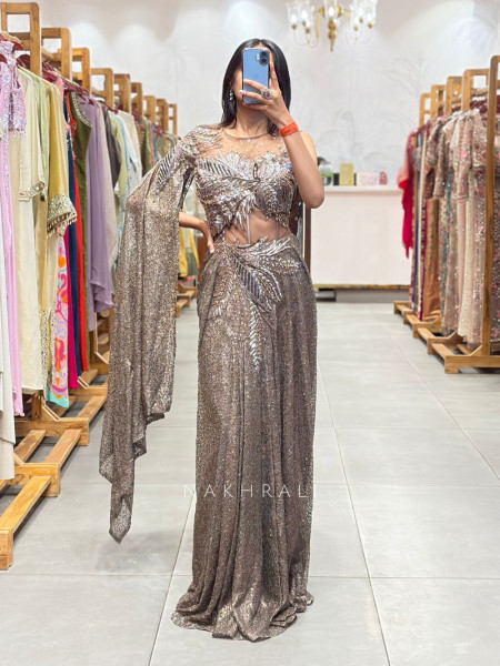 Ilyra Brown Embellished Drape Gown with Cape Detail