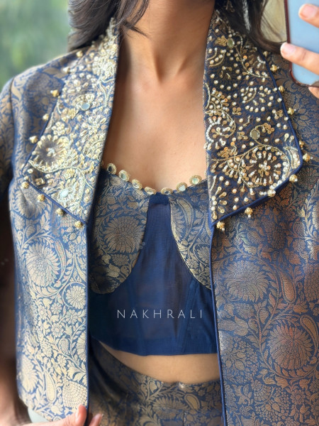 Vesper Blue Metallic Brocade Split-Sleeve Indo-western