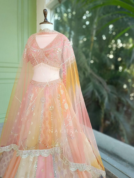 Zivara Peach Lehenga Set with Mirror and Gota Work