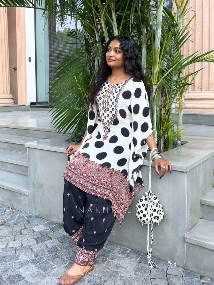 Image of Dot-Dot Cream &amp; Black Modal Satin Kaftan Set Polka Dot, Cowrie &amp; Coin Detail