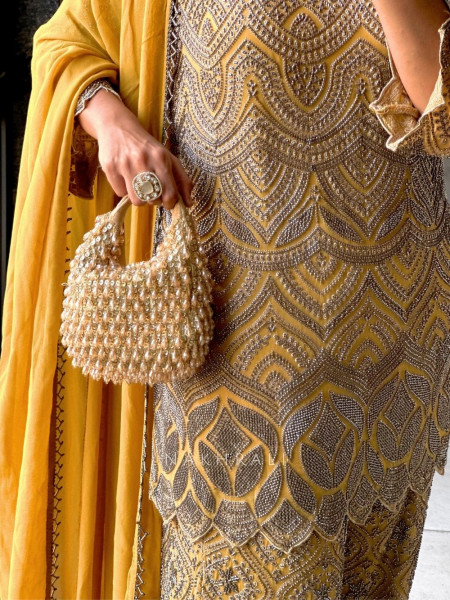 Nayra Mustard Suit Set with Cut Dana & Bead Work