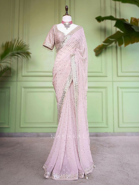 Liora Light Pink Georgette Saree Mirror Work