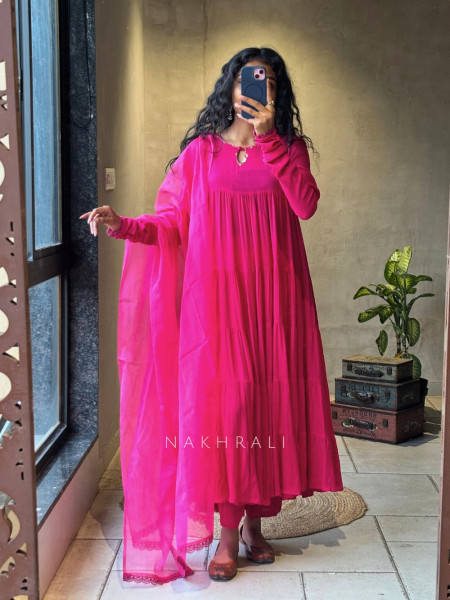 Calira Magenta Cotton Anarkali Suit Set with Organza Dupatta