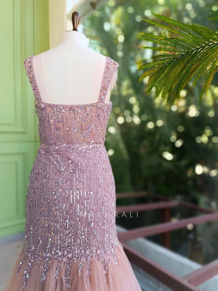 Roselle Pink Net Mermaid Gown with Sequin Work