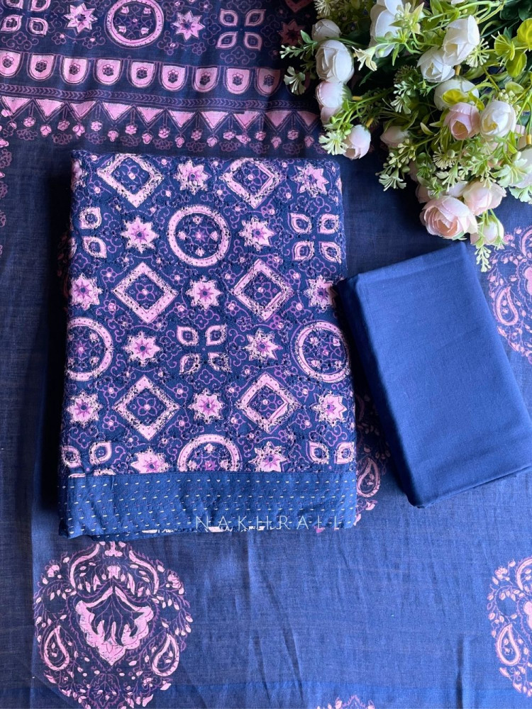Image of Rivana Blue Printed Dress Material with Handcrafted Motif Work