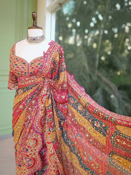 Nakkashi Mustard Bridal Sequin Zari Saree with Ready Blouse