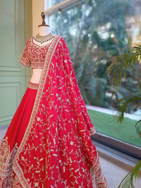 Kritisha Crimson Red Raw Silk, Silk Organza & Tulle Net Bridal Lehenga Set