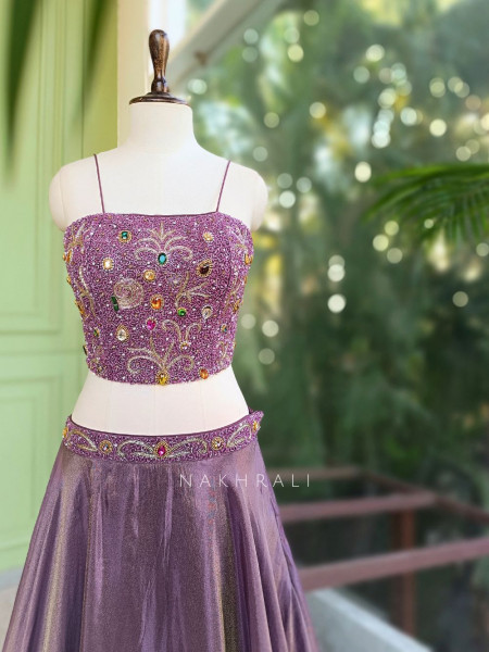 Urban Flare Wine Indo-Western Lehenga Set with Cut Dana and Stone Work