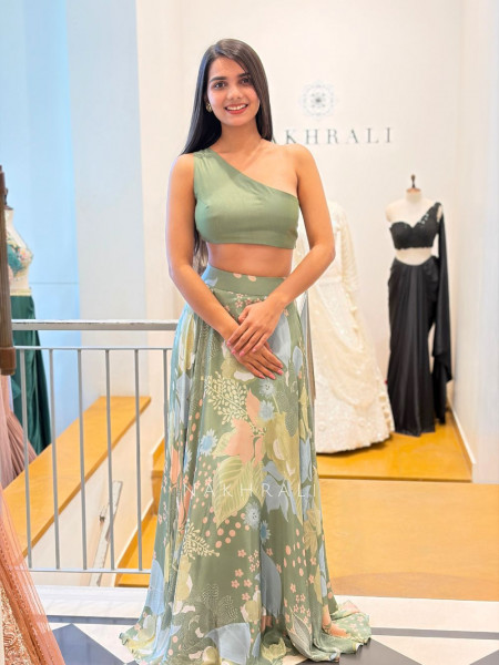 Lahari Green Embellished Crop Top Skirt Set with Cape