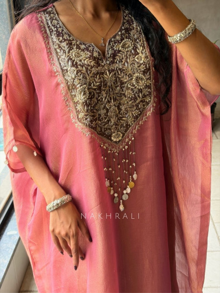 Riyana Pink Kaftan Set with Heavy Embroidered Neckline