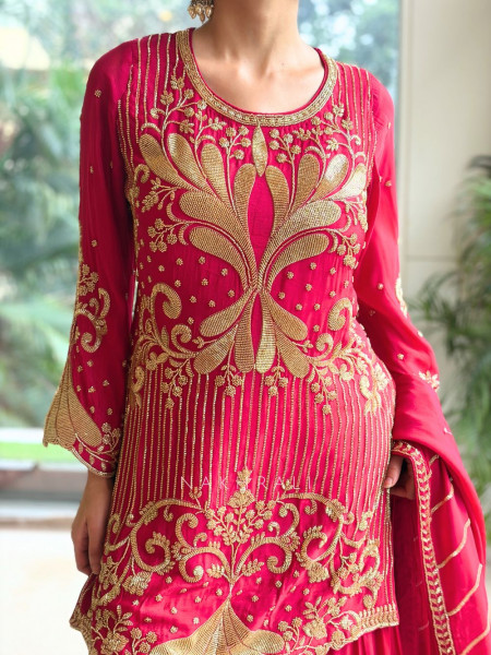 Begum’s Grace Magenta Georgette Sharara Suit Set