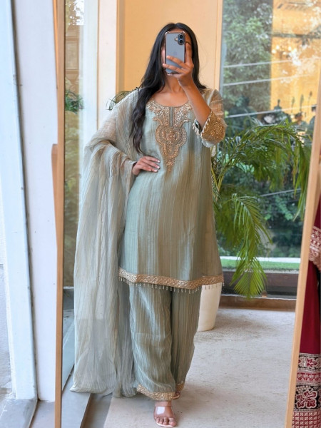 Kashini Sea Green Crinkle Tissue Silk Suit Set