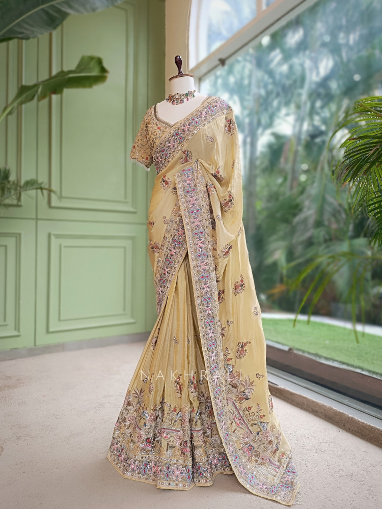 Image of Kanika Golden Georgette Designer Saree with Readymade Blouse
