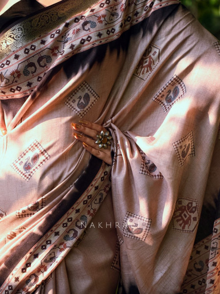 Taruja Beige Silk Saree with Traditional Print
