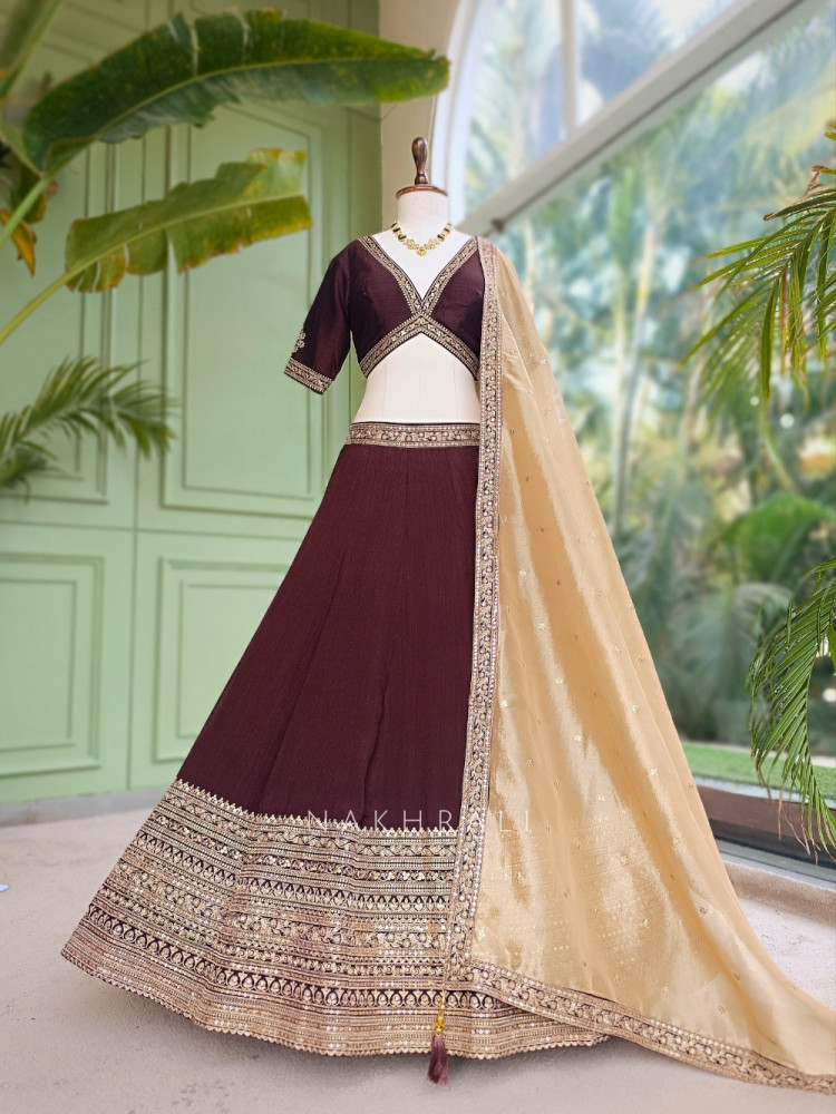 Image of Zari-Crested Cocoa Brown Lehenga