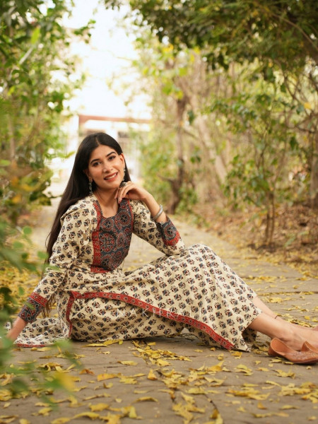 Yasmin Beige Cotton Kurta Pant Set with Sequin Work