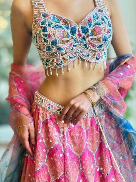 Azmira Blue Pink Floral Lehenga Set with Sequin and Bead Work