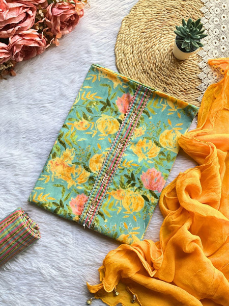 Eesha Mint Cotton Floral Dress Material