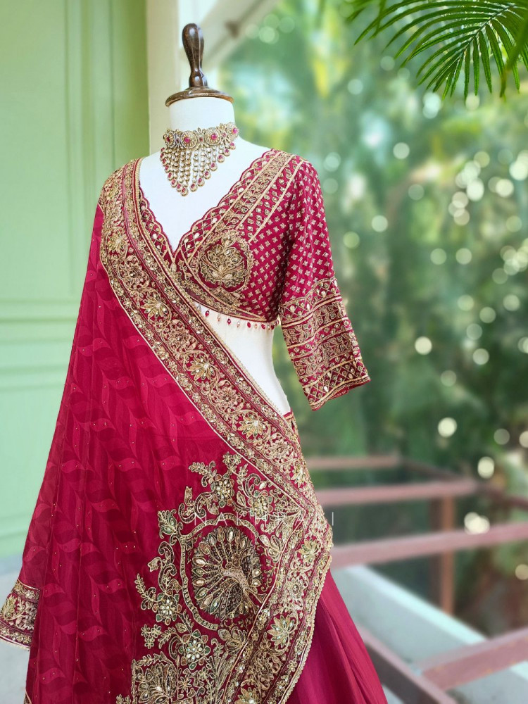 Image of Vyra Red Bridal Lehenga with Heavy Embroidery and Stone Work