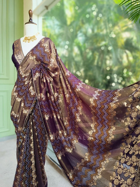 Morvyn Purple Saree with Bandhani Print and Zari Weave