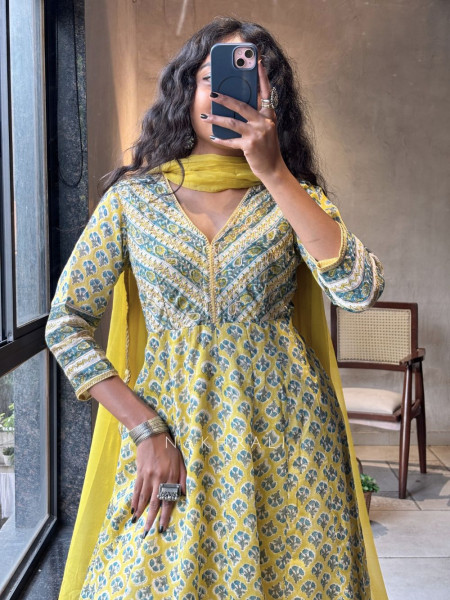 Madhavi Yellow Cotton Anarkali Suit Set With Floral Print