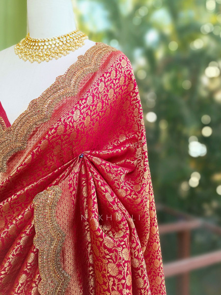 Kavira Red Saree with Zari Embroidered Border