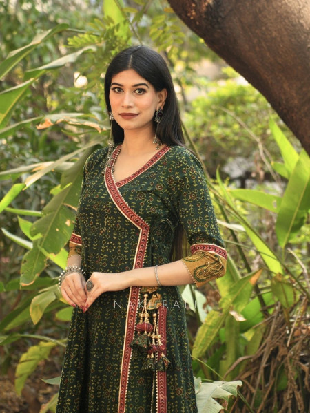 Umrao Green Angrakha Cotton Kurta