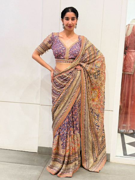 Aravali Purple Printed Saree with Stone Beads and Sequin Work