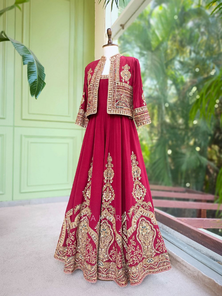 Image of Vrishka Maroon Anarkali Set with Embroidered Jacket