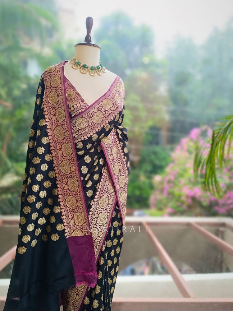 Image of Obsidian Rose Black Banarasi Silk Blend Saree