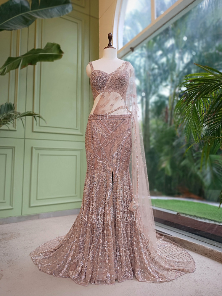 Image of Cressida Beige Net Indo-Western Fishtail Lehenga Set