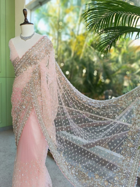 Starlit Pink Net Saree with Cut Dana Bead and Sequin Work