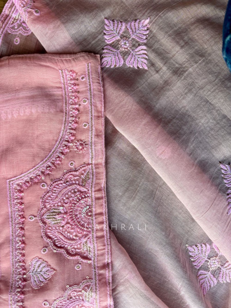 Mridula Pink Dress Material with Hand Cut Dana Detailing