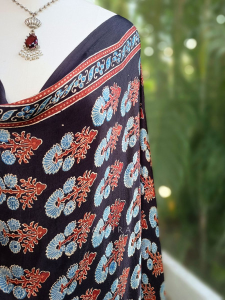 Iraaya Black Modal Silk Dupatta with Ajrakh Print and Zari Accents