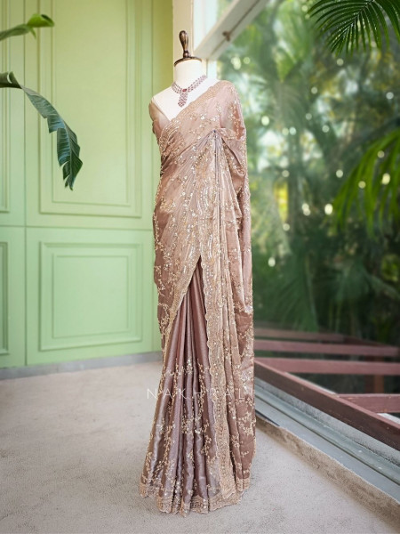 Rimsun Brown Sequin & Bead Embellished Saree