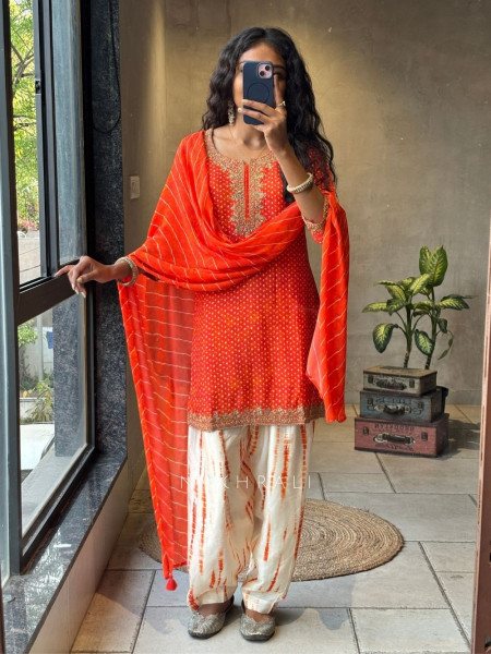 Rivkara Orange Bandhej Suit Set with Golden Embroidery and Bead Work