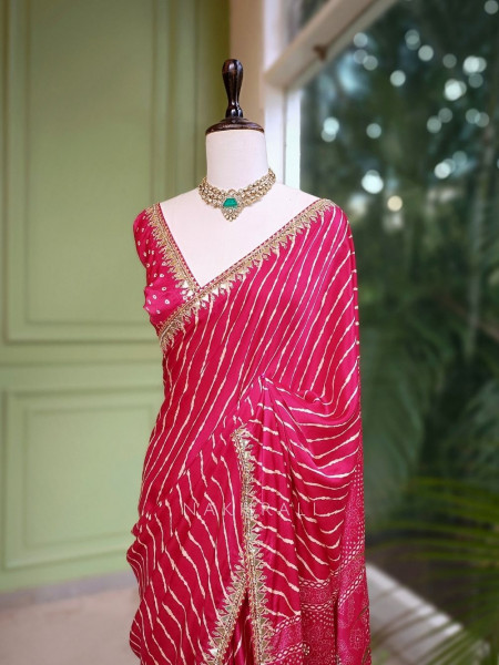Gulnaar Red Saree with Zari Bandhej Work