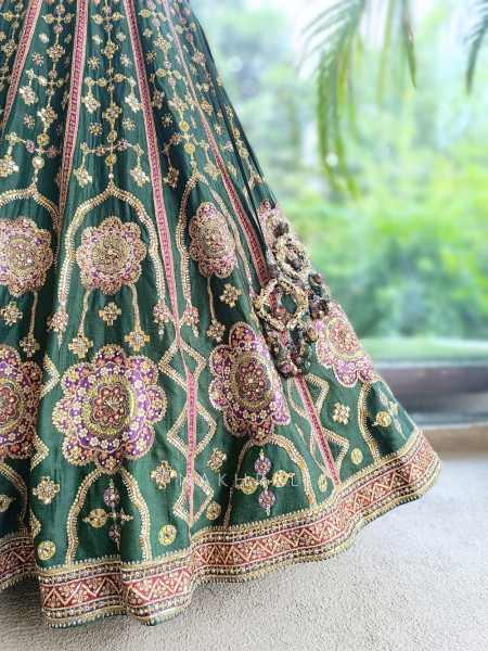 Mrinalika Green Gaji Silk Lehenga Set With Zardozi Resham & Jharokha Work