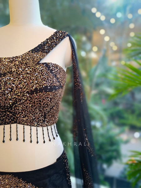 Twilight Dusk Black Sequin Embroidered Crop Top Skirt Set